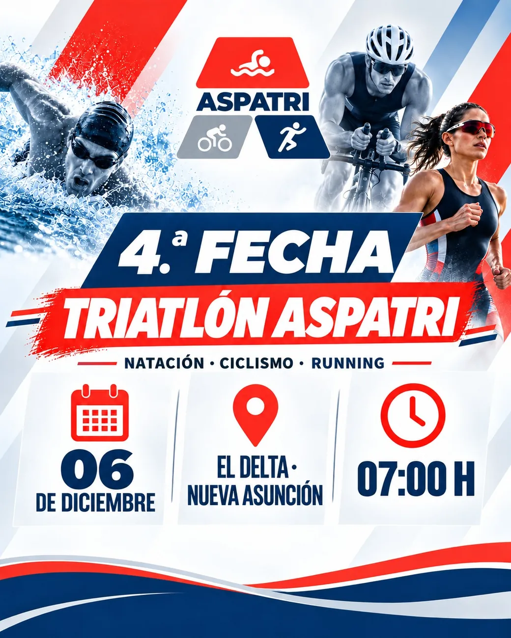 Flyer de la 4ta fecha del Triatlón ASPATRI 2026, el 6 de diciembre en El Delta, Tosa